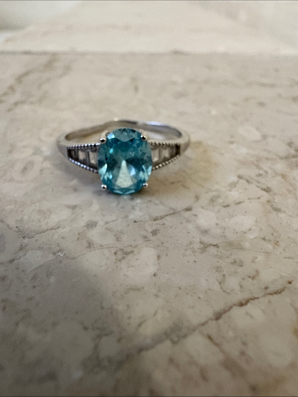 Silver-Tone Ring with Aqua Blue Solitaire Gem
